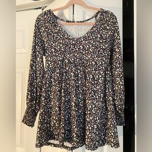 Floral V-Neck Long Sleeve Women’s Top - Black with Pink & White Floral